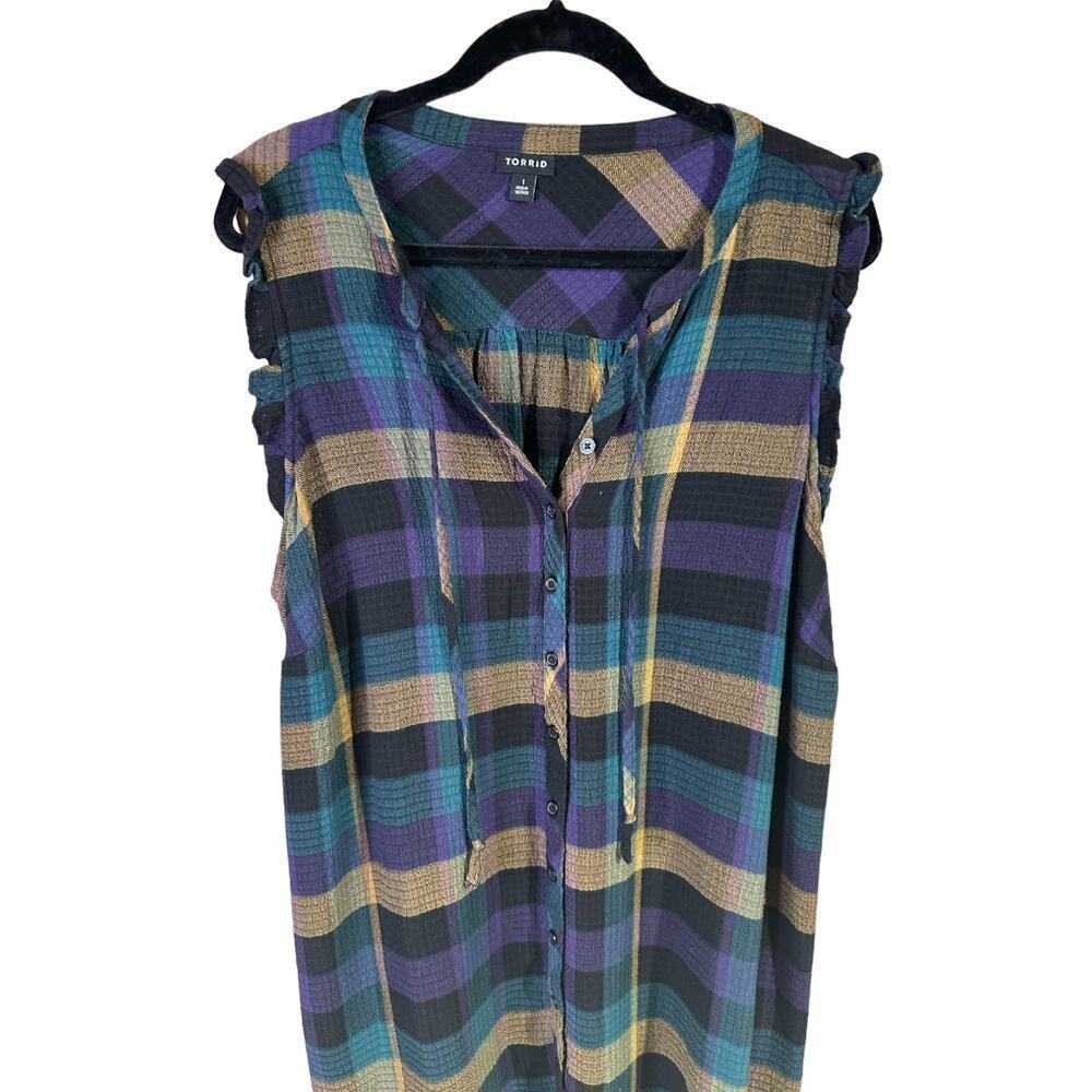 Torrid Plaid Gauze Button Front Tie Neck Tank Purple Green Gold Black Size 1